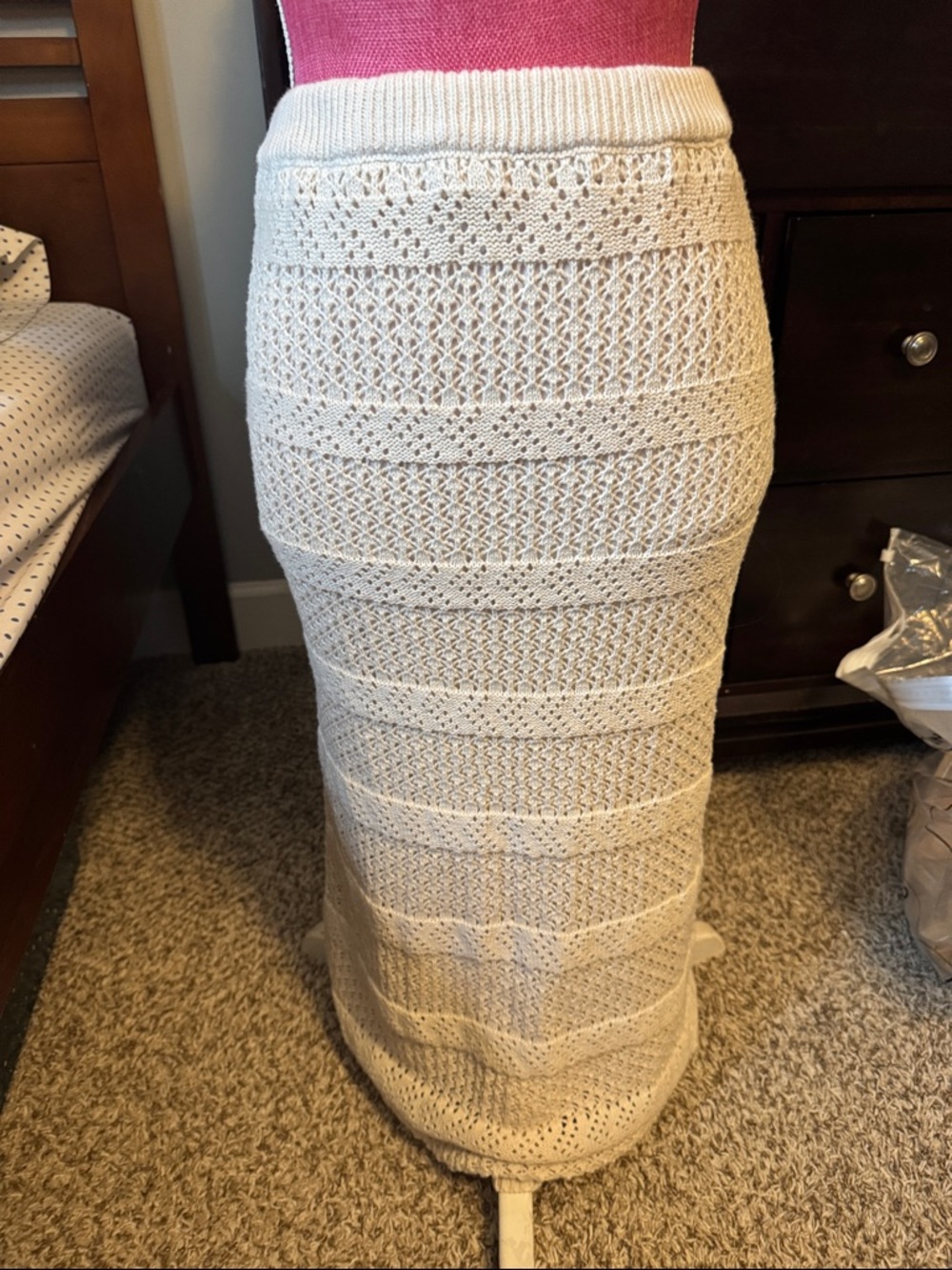 Cream Knit Maxi Skirt with Textured Stitching